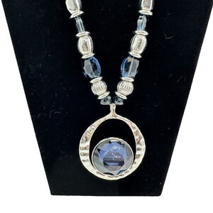 C 1946 Signed VTG Statement Necklace Silver Tone Chain Bead‎ Cobalt Blue Pendent